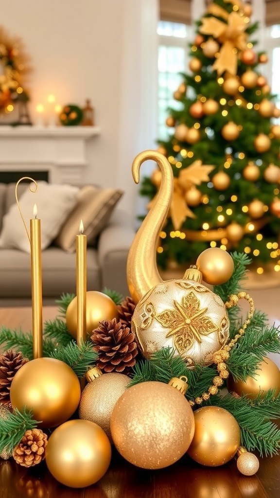 A collection of DIY gold Christmas decorations including ornaments, pinecones, and a wreath in a cozy holiday setting.